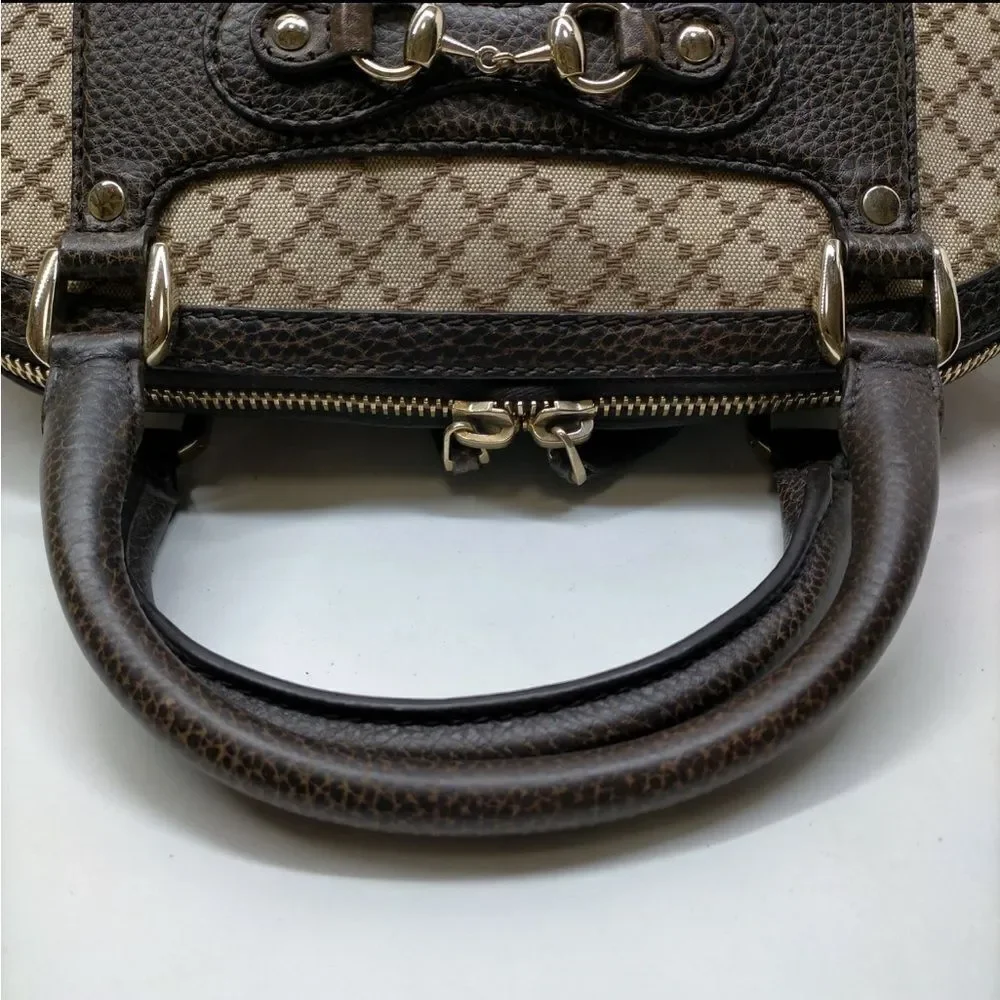 Auth GUCCI Brown Beige Canvas Brown Leather Diamanté Catherine Dome Handle Bag
